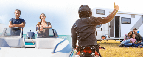 Montage of people using various Keesler vehicle loans, including boat, motorcycle, and RV.